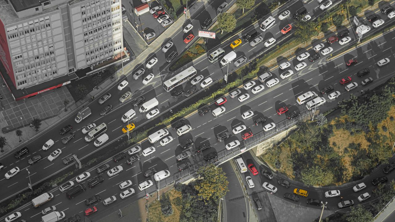 Aerial shot of traffic congestion on a busy urban highway in Istanbul, Turkey.